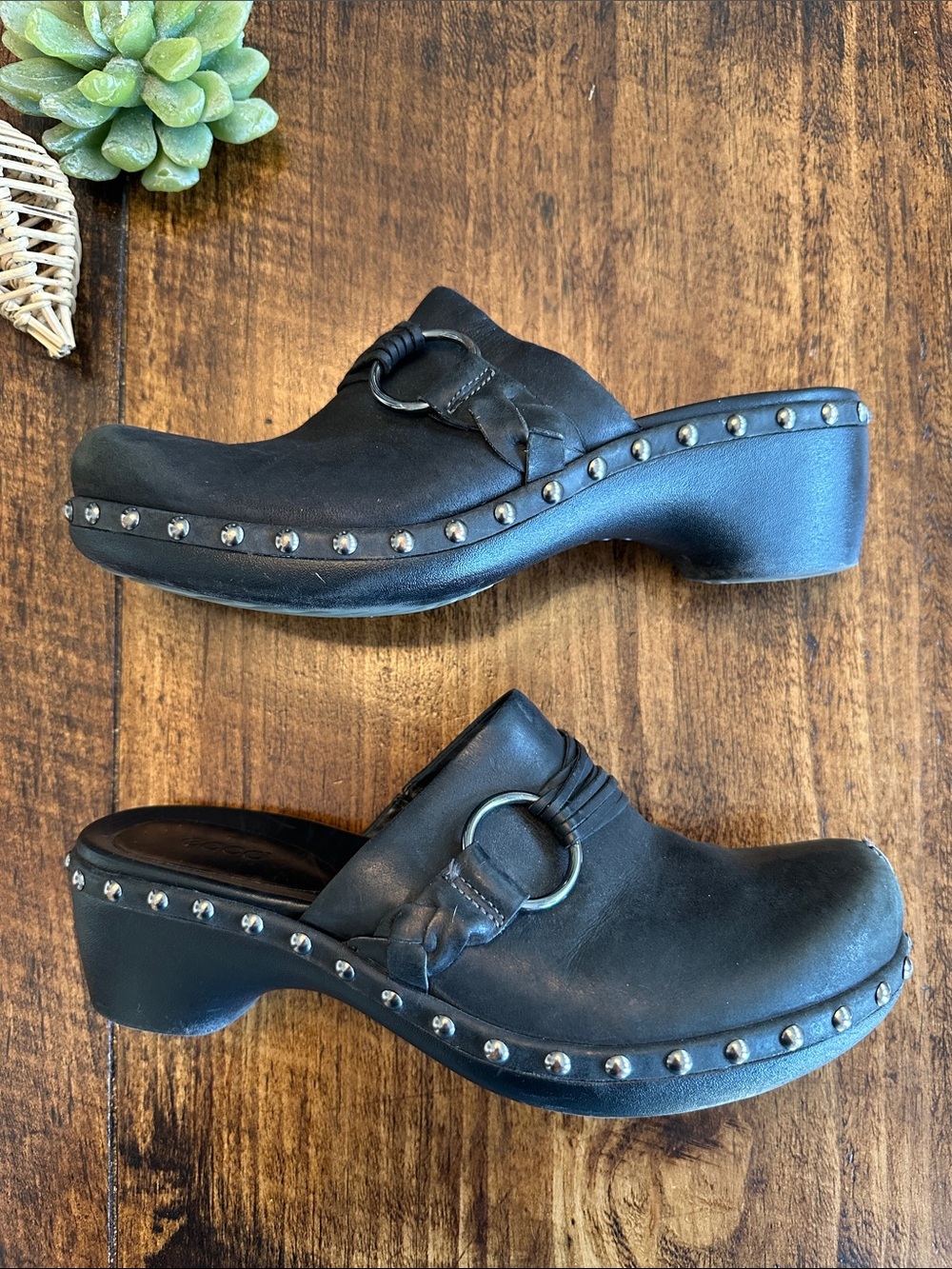 ecco | Black Leather Studded Clogs O-Ring Multi-Strap Mule Shoes, Size 40